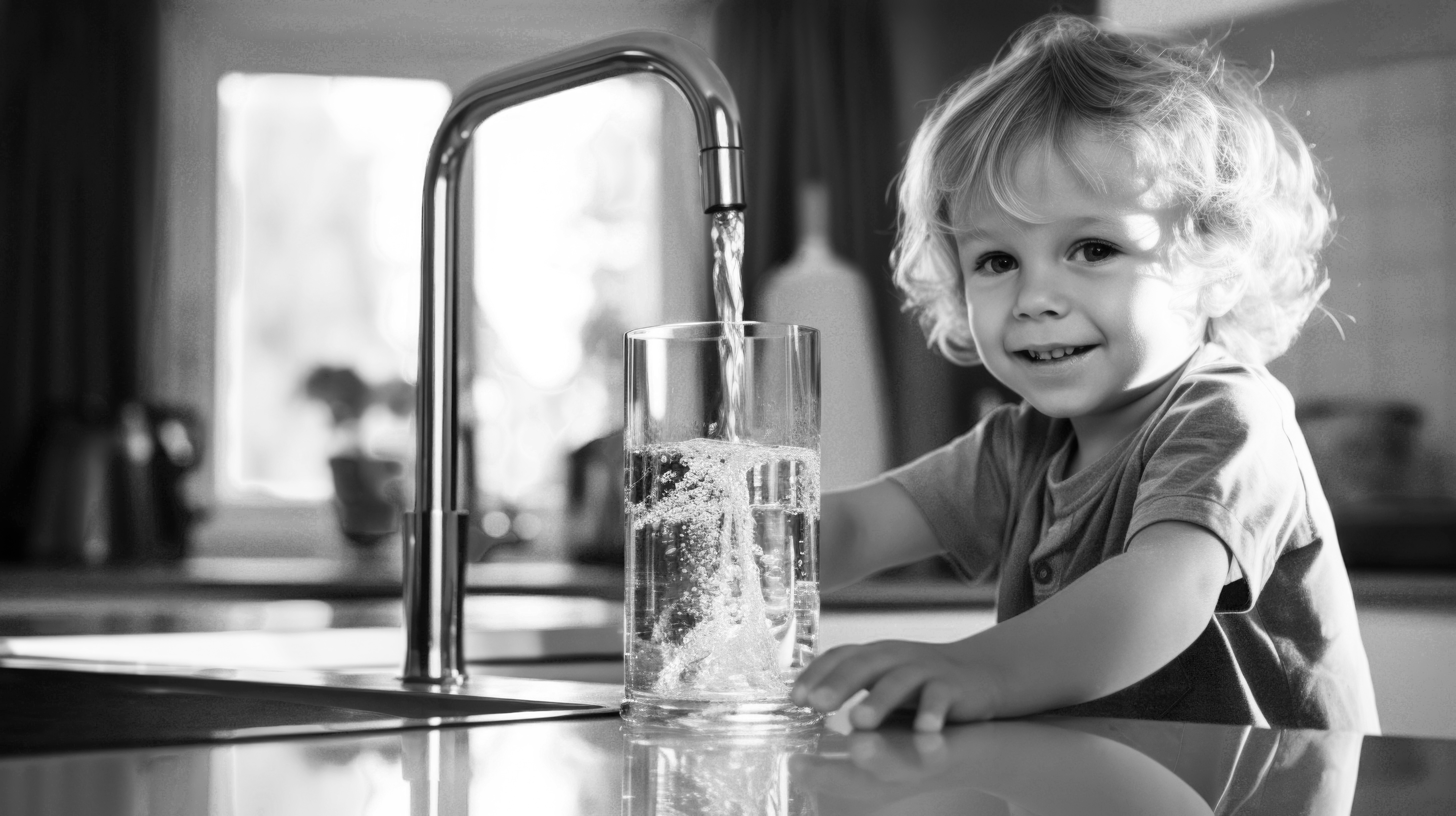 Kind gießt sich ein Glas Wasser ein – Flüssigkeitsausgleich ist wichtig beim Behandeln von Durchfall.