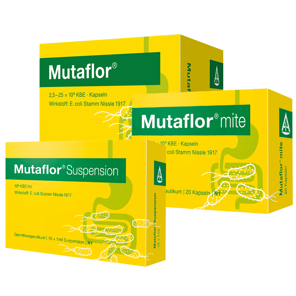 Packshots Mutaflor® Hartkapseln, Mutaflor® mite und Mutaflor® Suspension.
