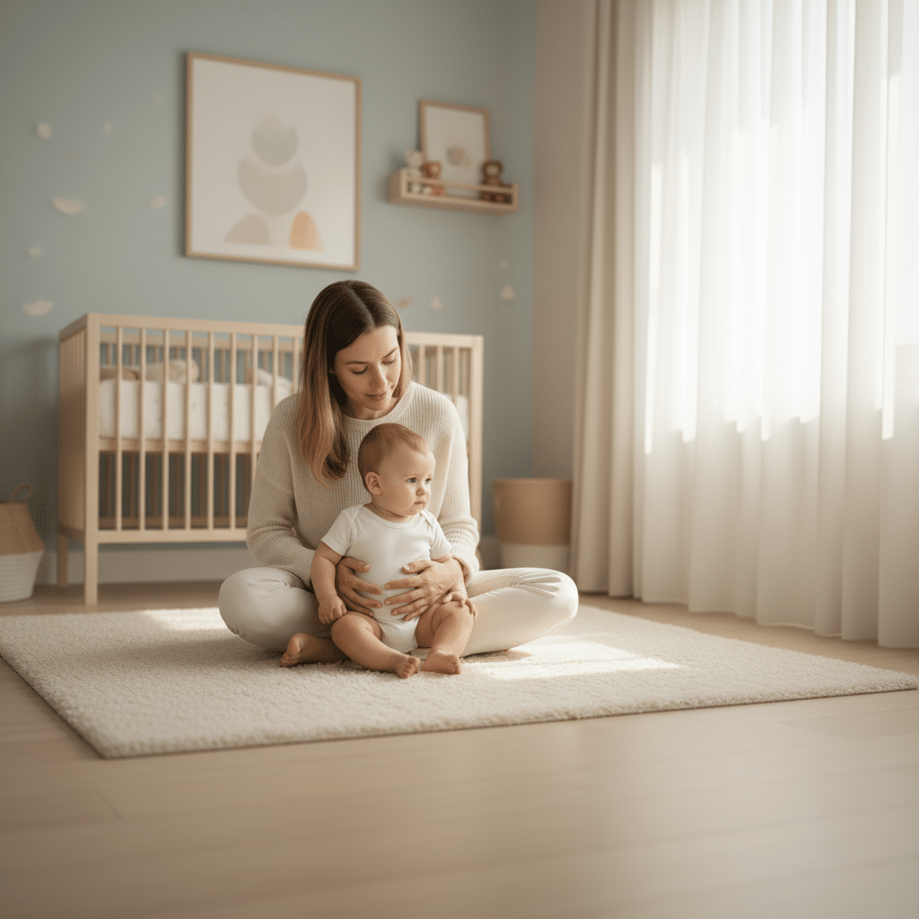 Packshot von Mutaflor® Suspension im Bild von Mutter mit Baby